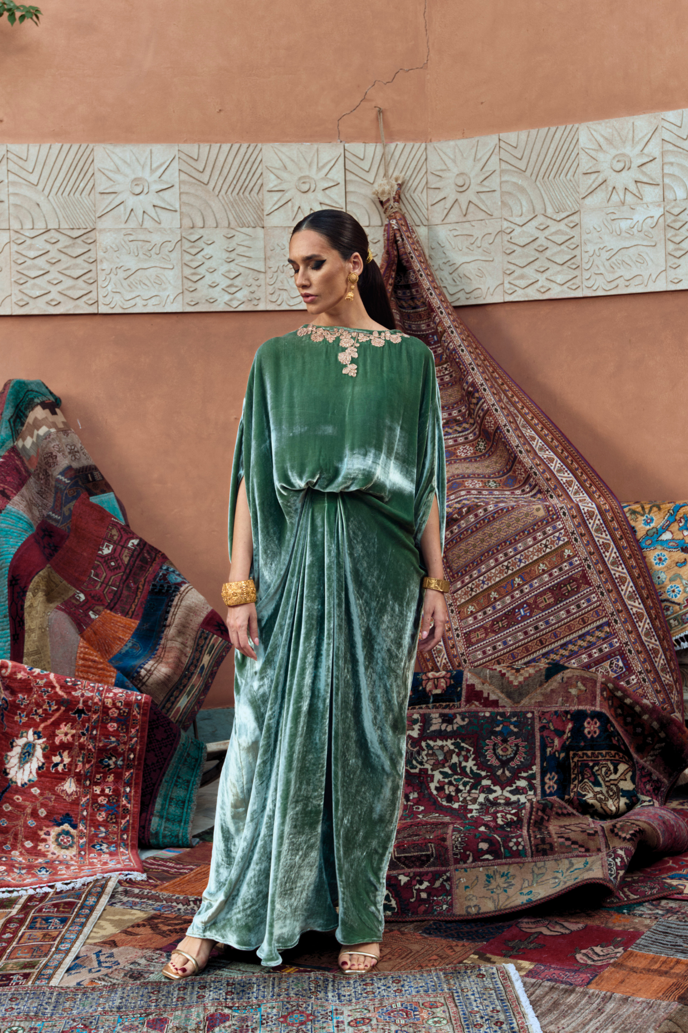 slim fit dress slacks Surya | Green Velvet Kaftan with Silk Pants main image 0