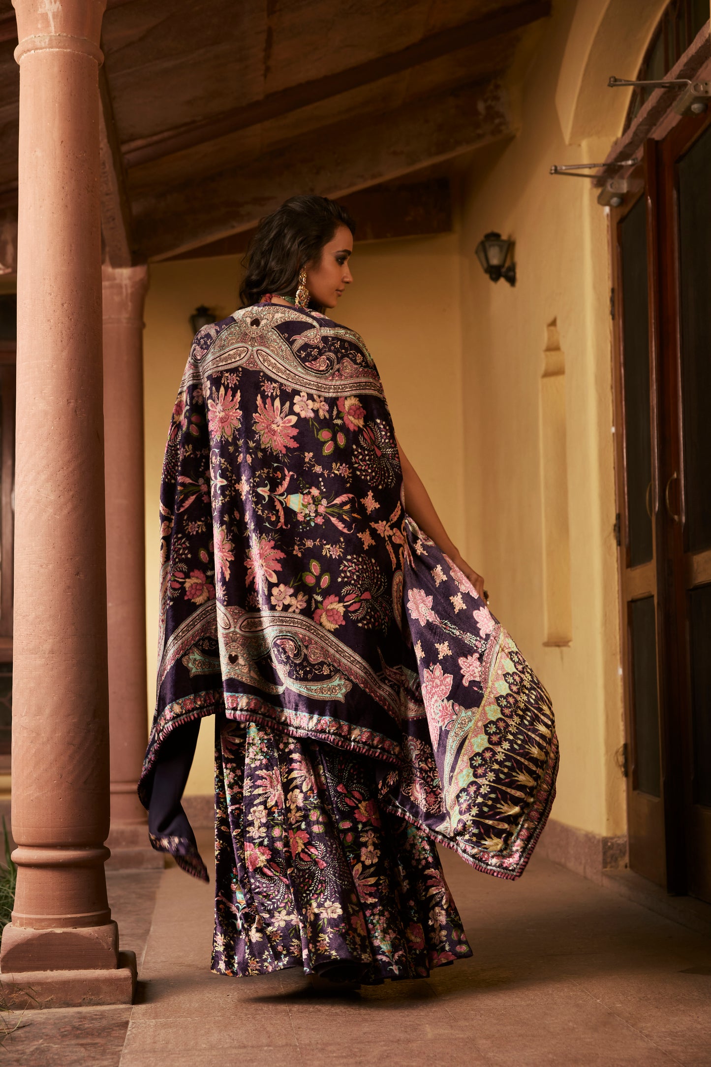 Navy Velvet Floral Cape