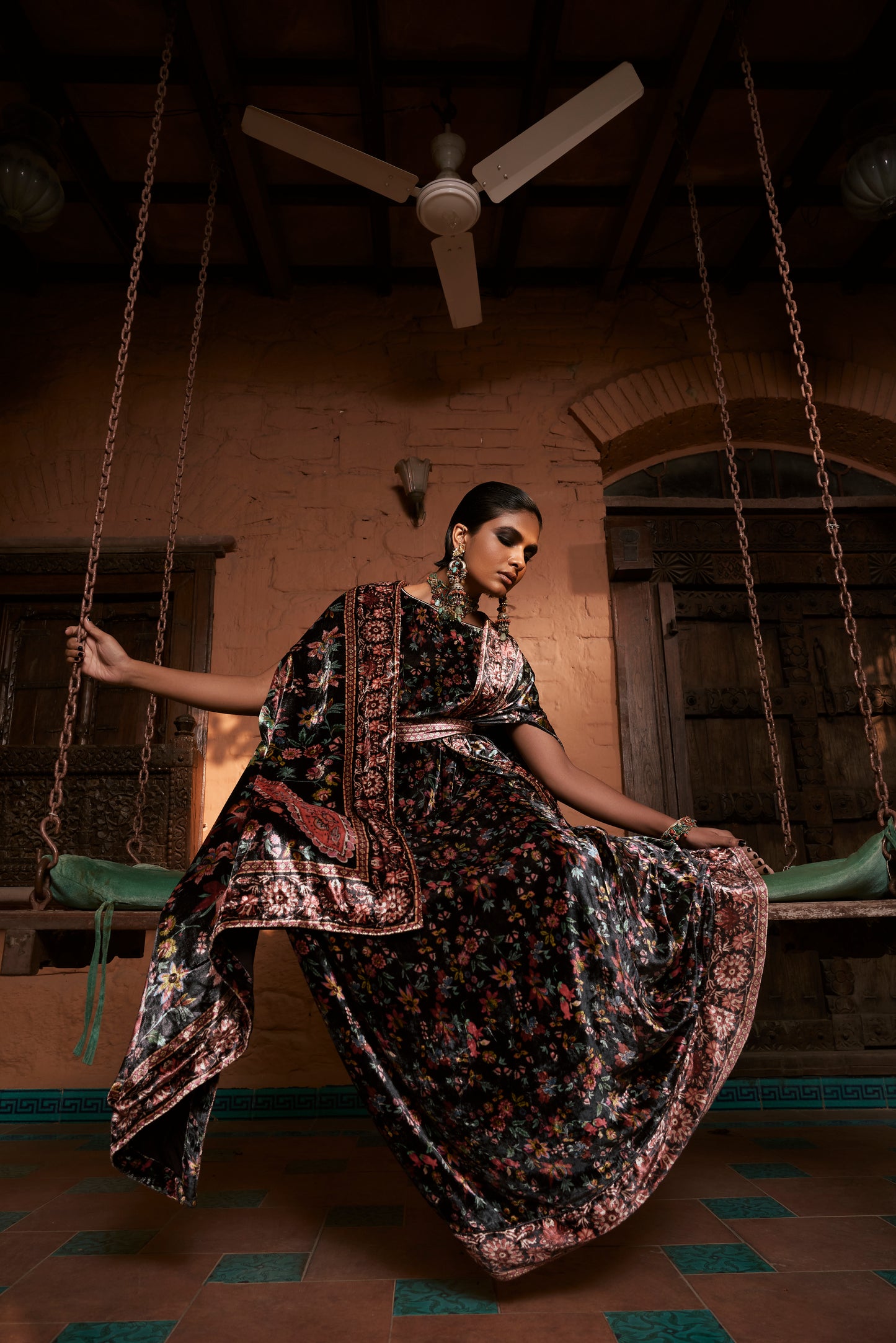 Black Velvet Floral Belted Dress