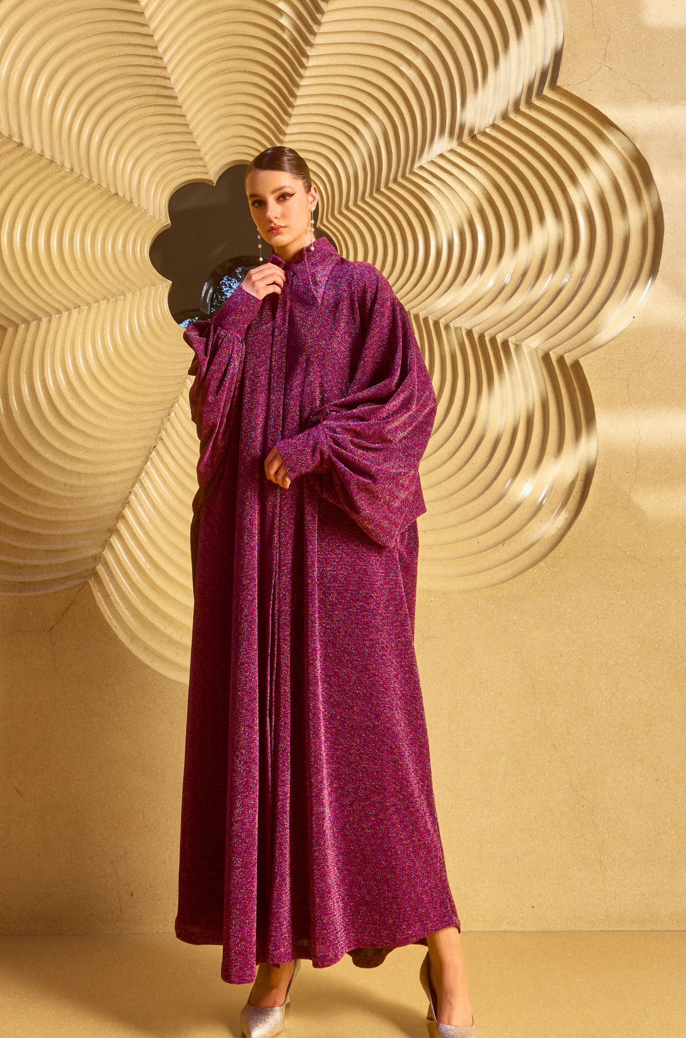 Collar Balloon Sleeve Shiny Gown