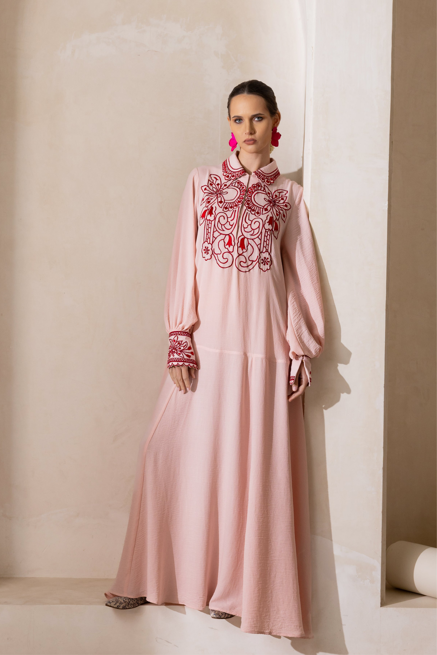 Buttoned Floral Embroidered Jalabiya