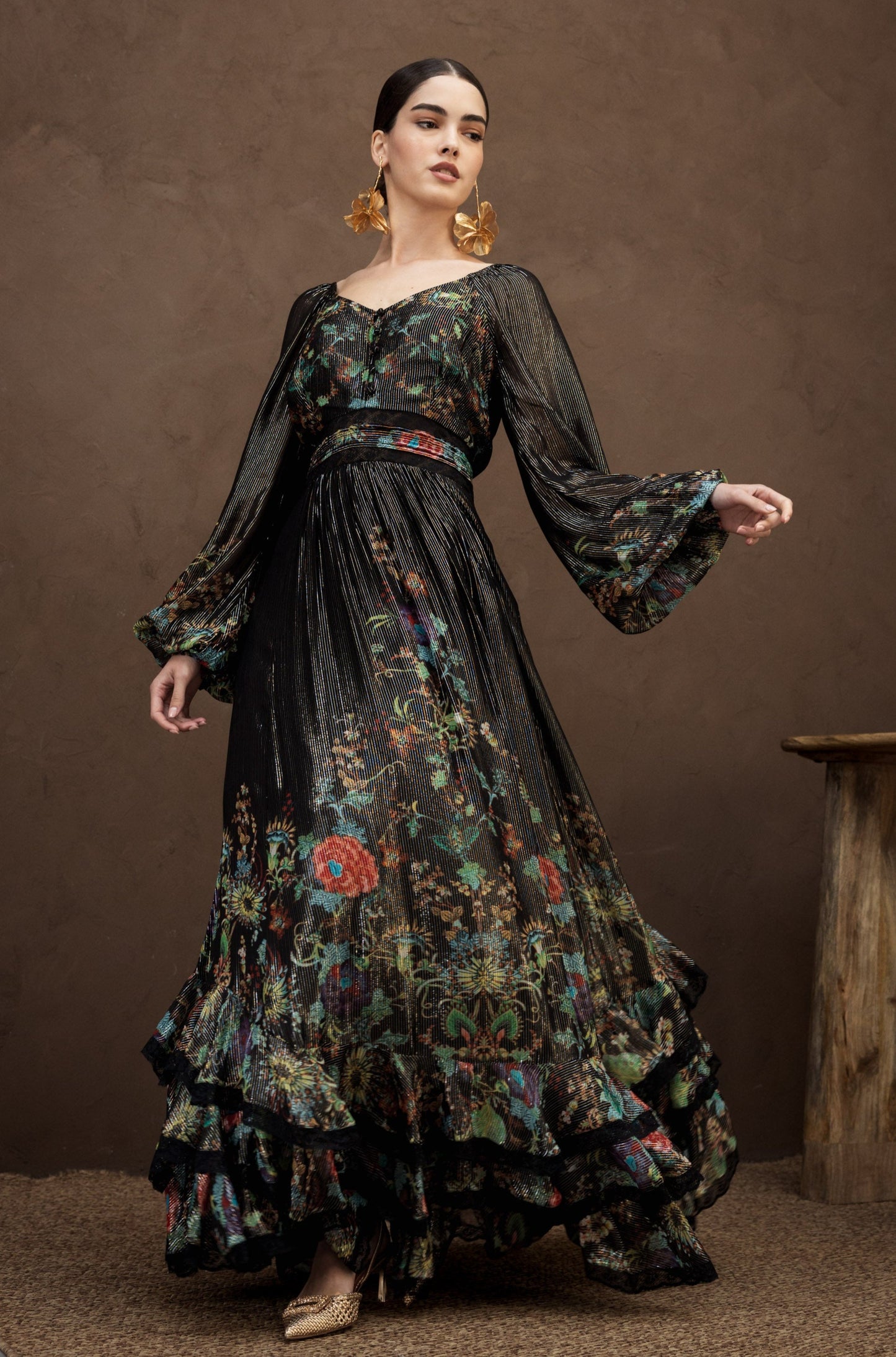 Black Floral Threaded Kaftan