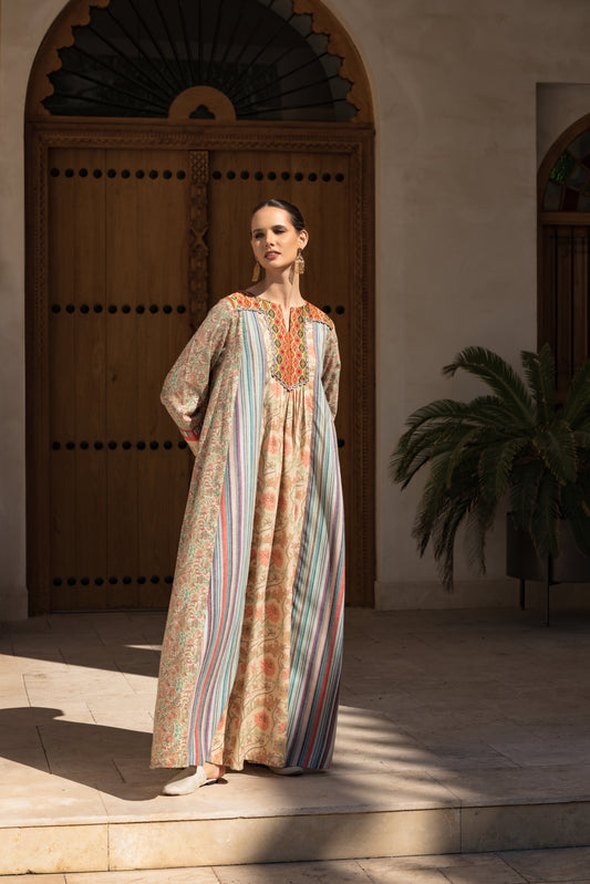 Multicolor Yoke Neck Jalabiya