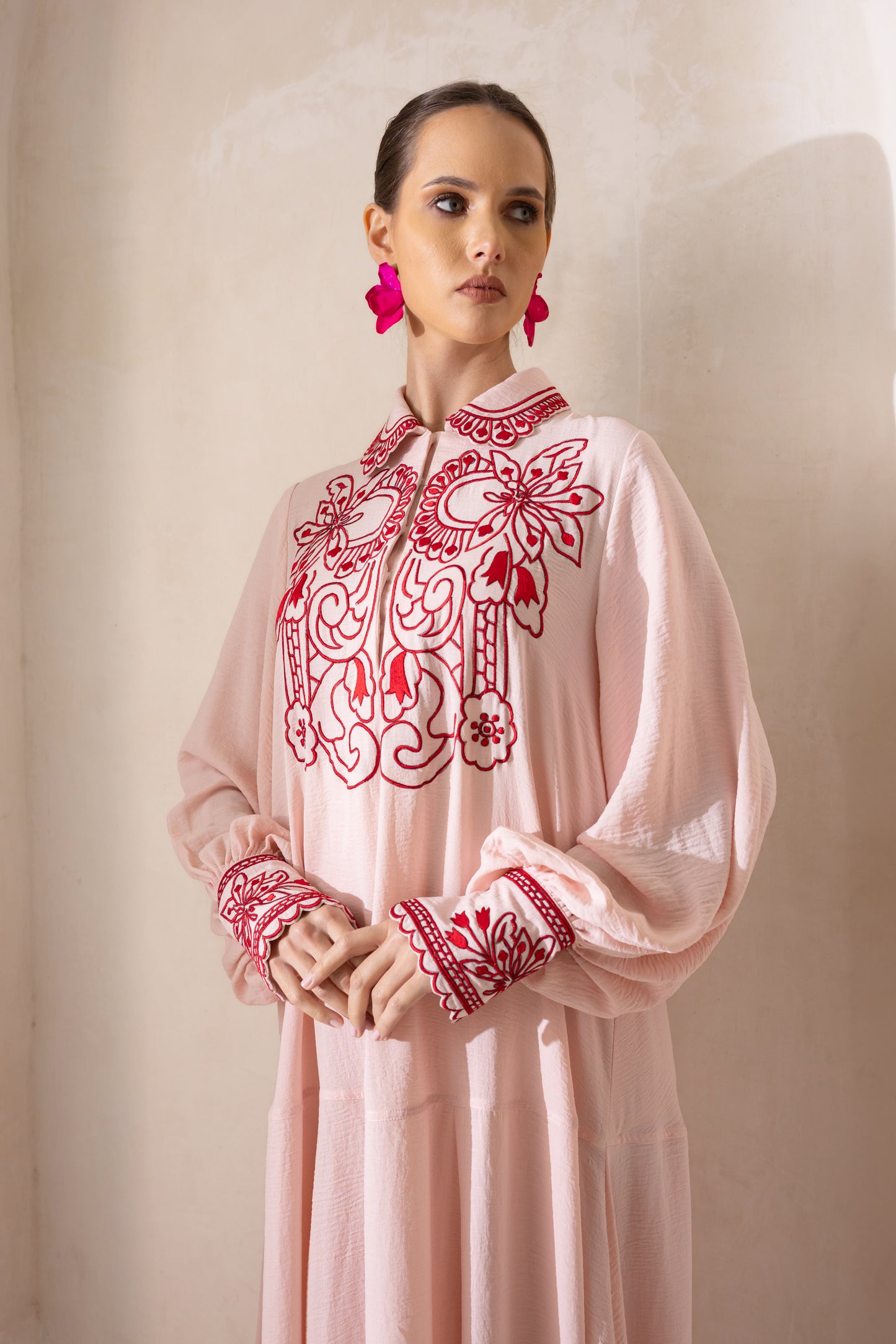 Buttoned Floral Embroidered Jalabiya