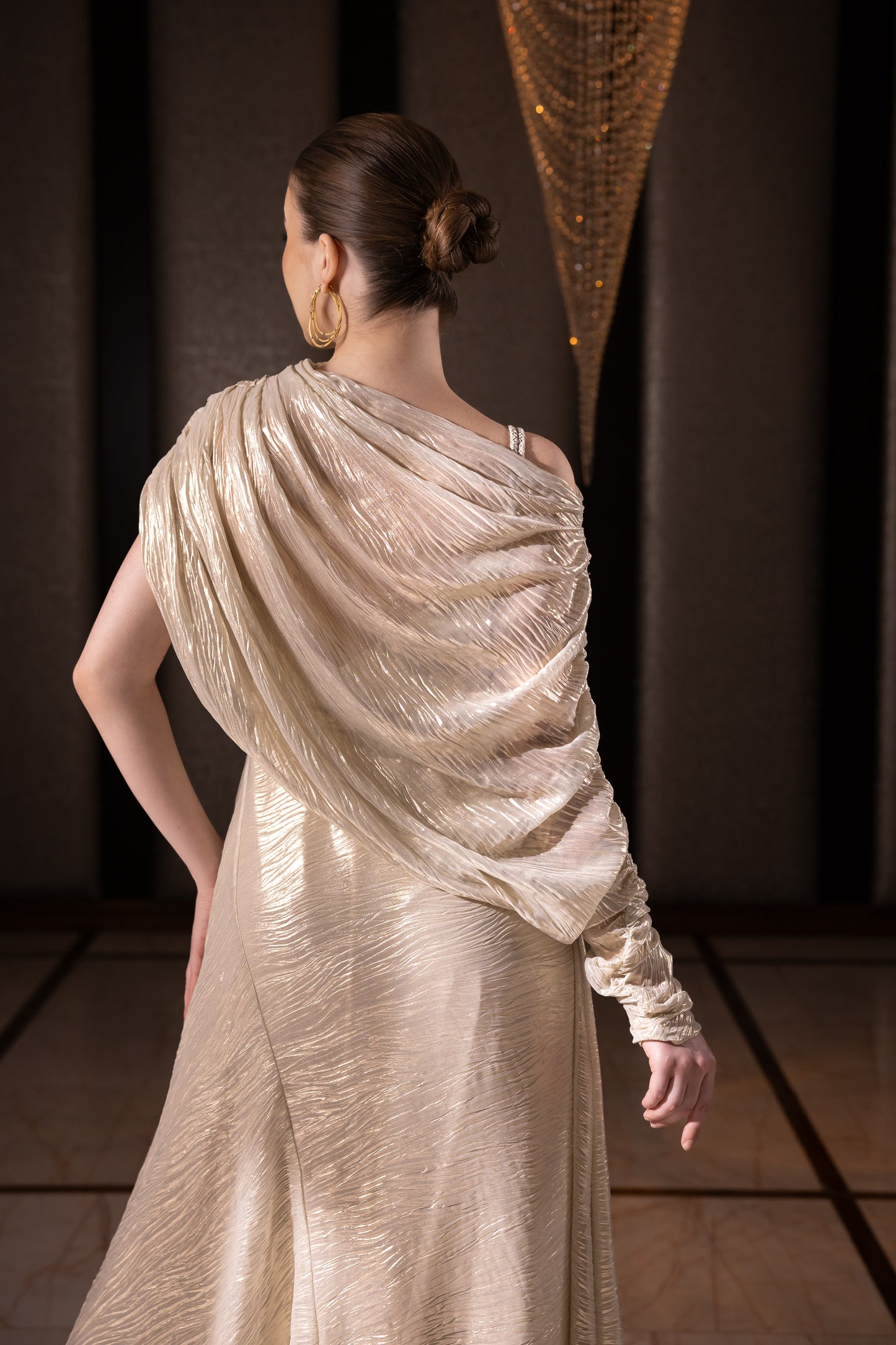 Off Shoulder Drape Metallic Gown