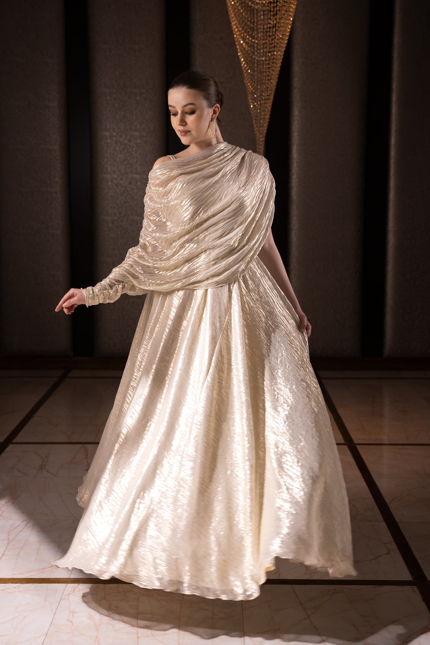 Off Shoulder Drape Metallic Gown