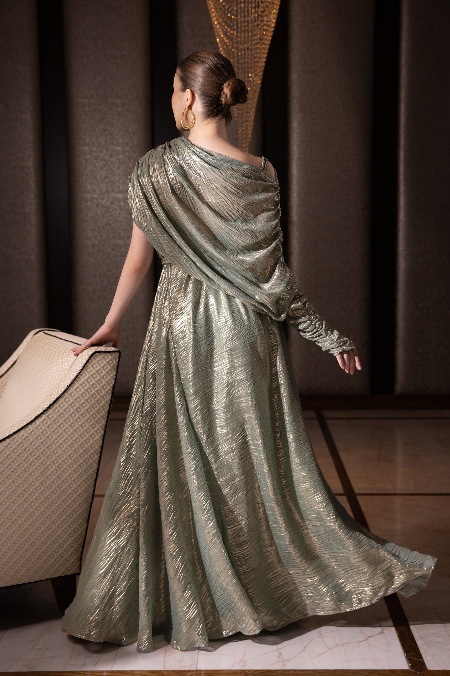 Off Shoulder Drape Metallic Gown