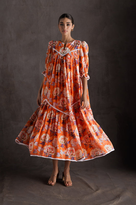 Puff sleeve Floral Dress - Orange