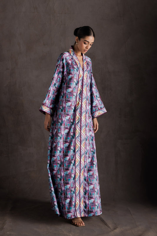 Tropical Print Embroidered Jalabiya - Purple