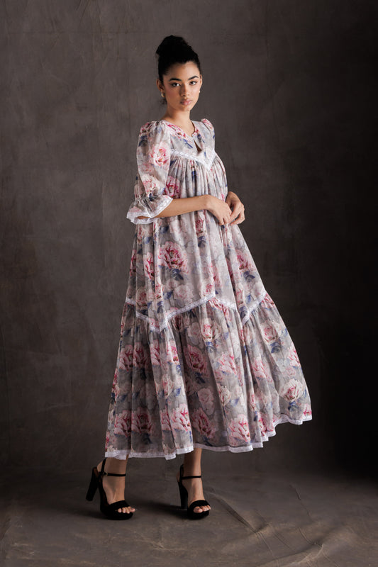 Puff Sleeve Floral Dress - Grey