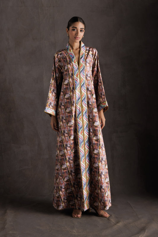 Tropical Print Embroidered Jalabiya - Brown
