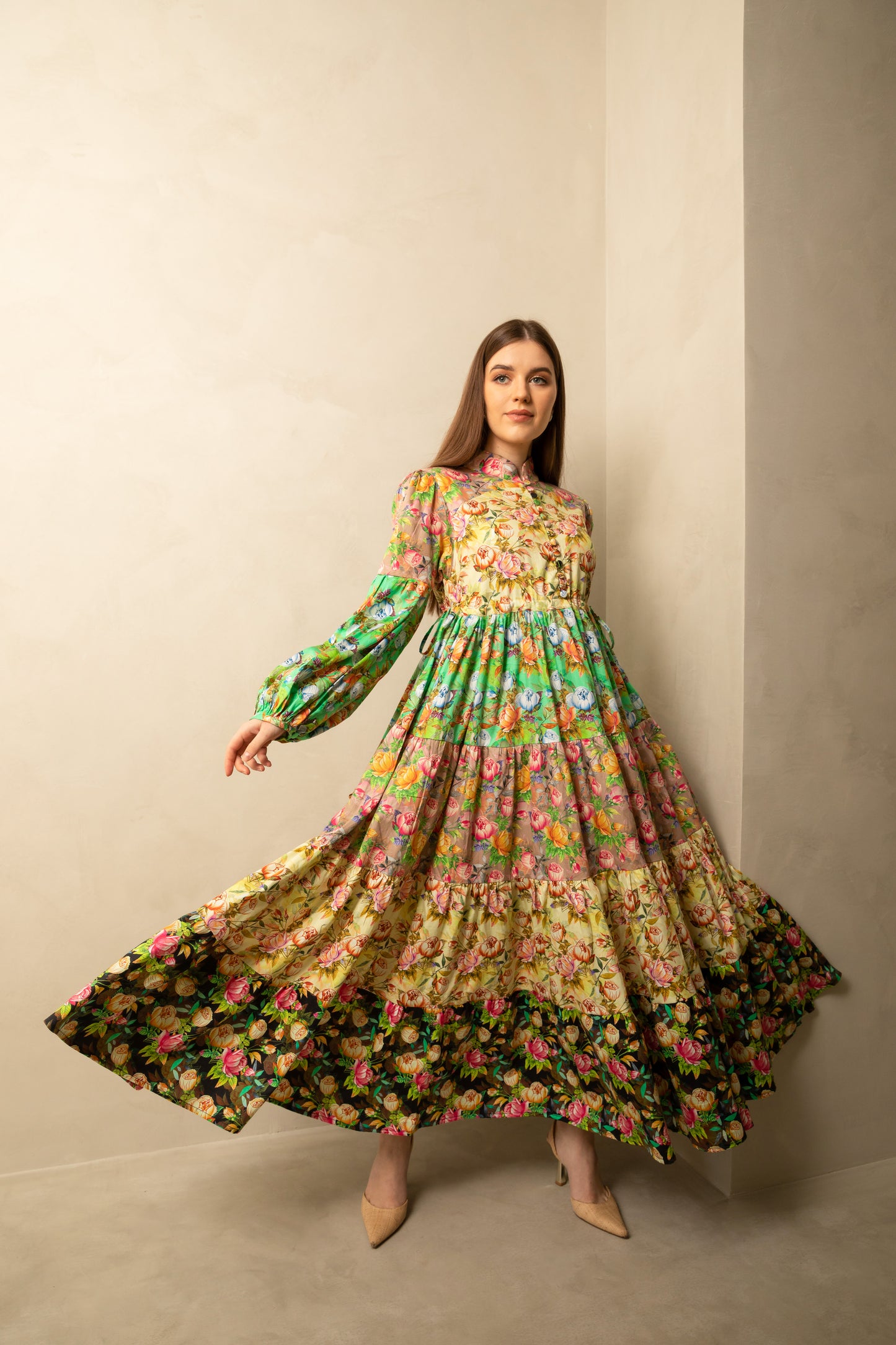Midi Floral Print Lantern Dress