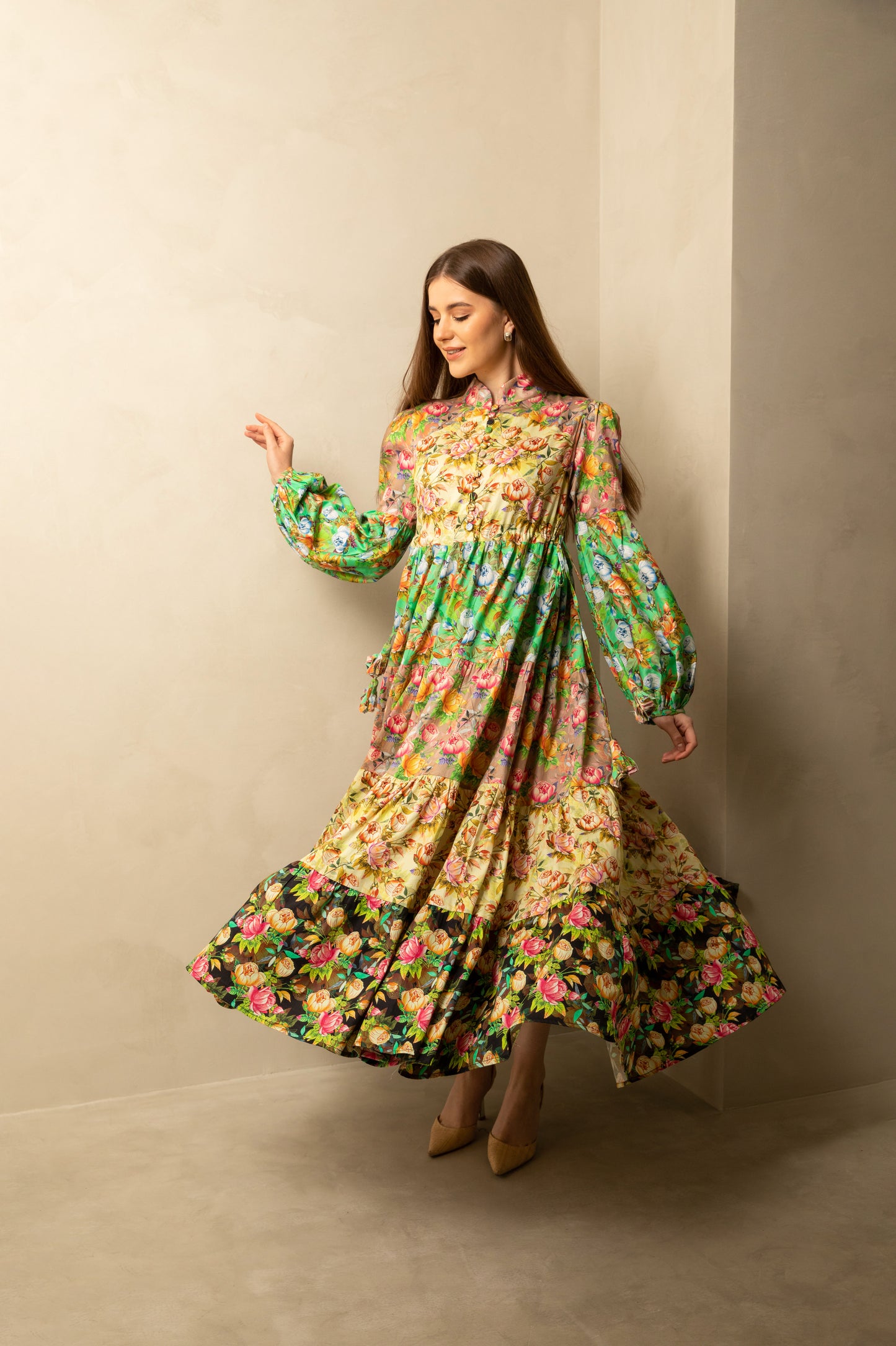 Midi Floral Print Lantern Dress