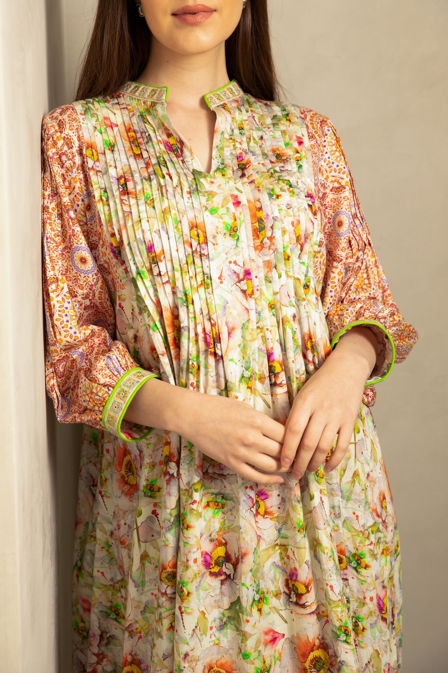 Pink Pleated Print Midi Dress