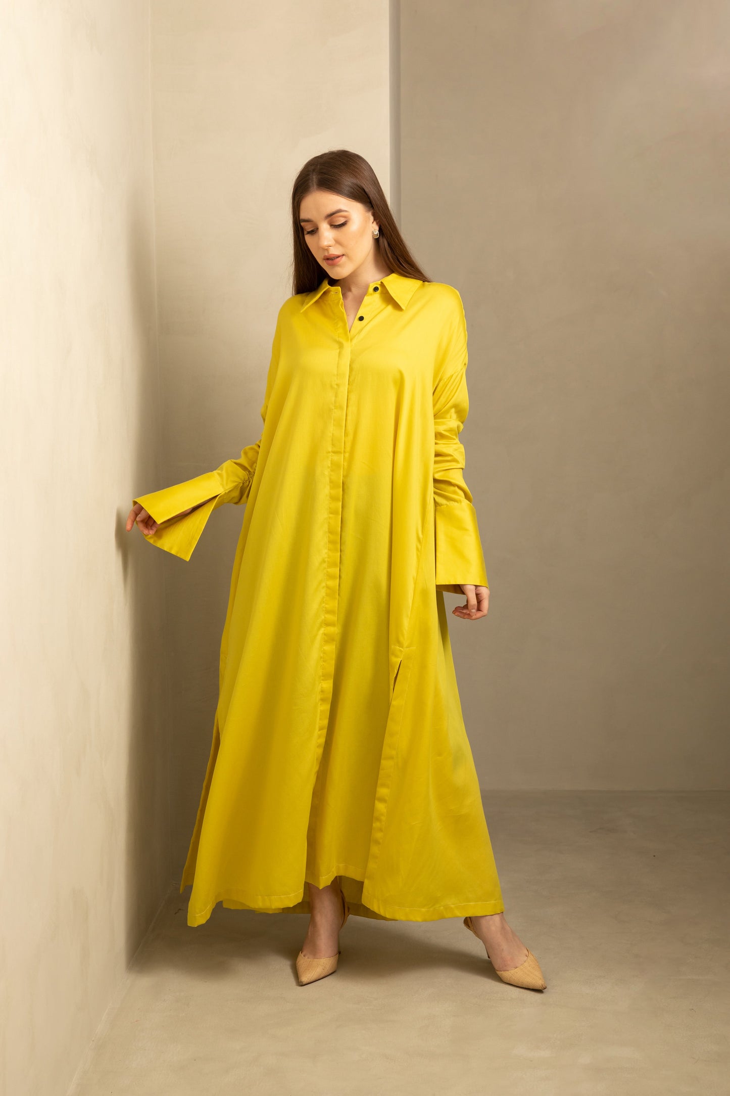 فستان قميص بأكمام مجمعة