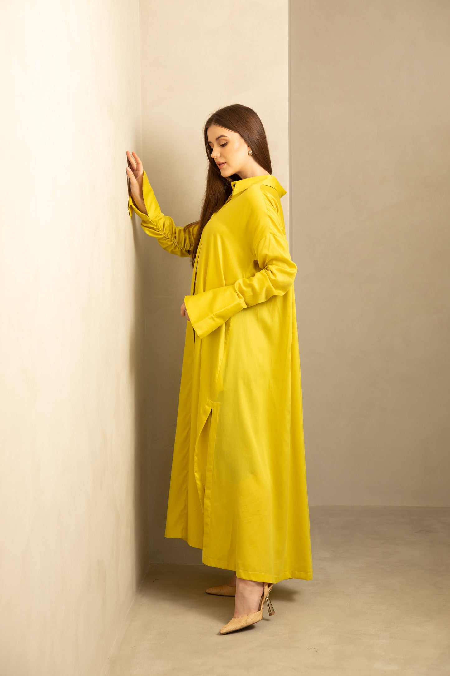 فستان قميص بأكمام مجمعة