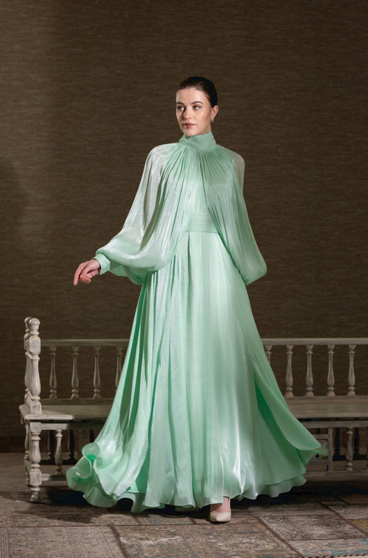 فستان أنيق باللون الأخضر النعناعي - بياقة عالية وأكمام منفوخة