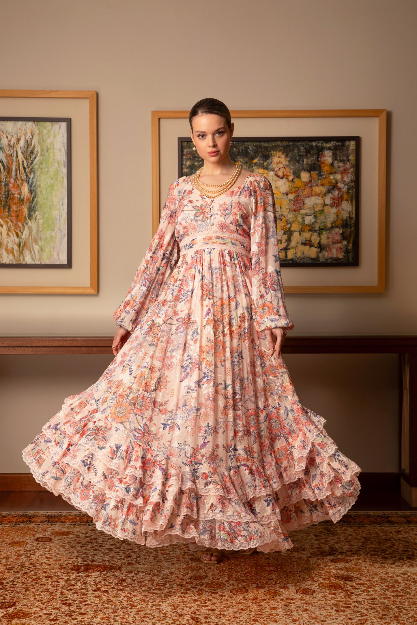 Peach printed Lurex Kaftan