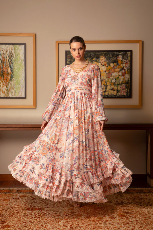 Peach Printed Lurex Kaftan