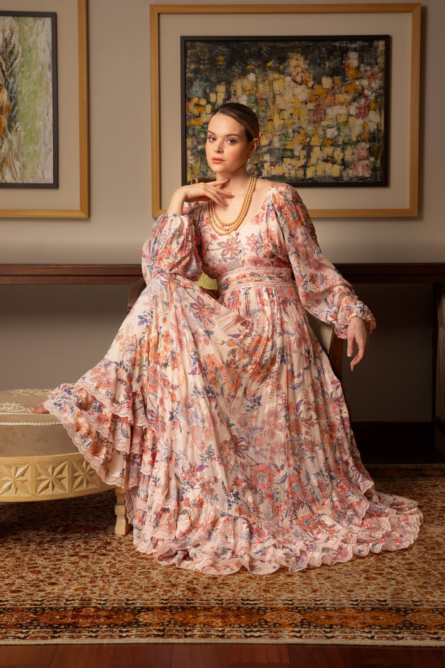 Peach printed Lurex Kaftan
