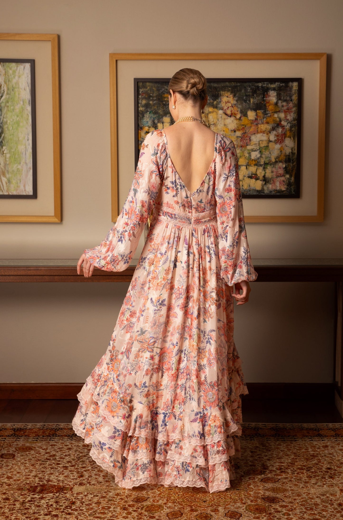 Peach printed Lurex Kaftan
