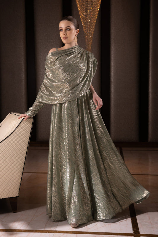 Metallic off shoulder Gown in teal