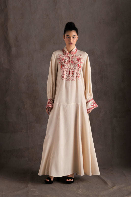 Buttoned Floral Embroidered Jalabiya - Peach