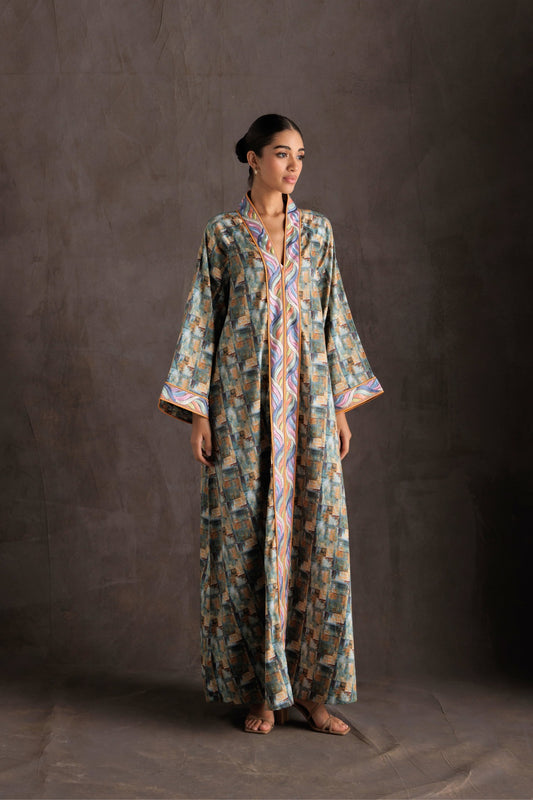 Tropical Print Embroidered Jalabiya - Orange