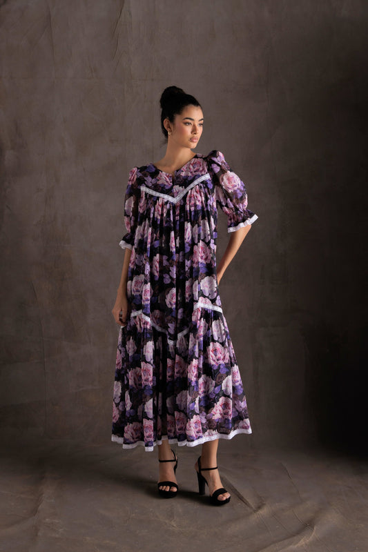 Puff sleeve Floral Dress - Purple