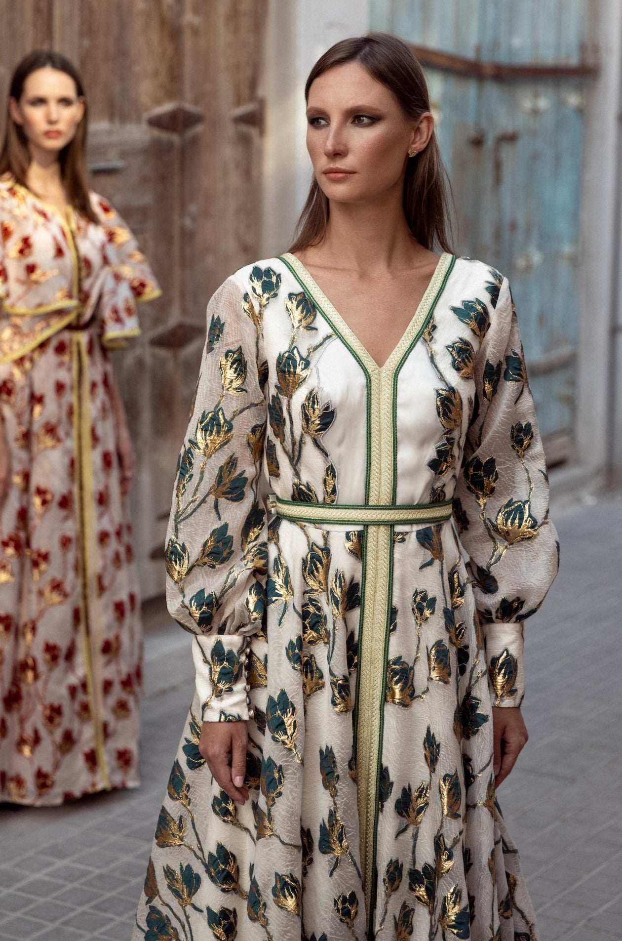Long Sleeve floral Organza Kaftan With Belt - Anmar Couture
