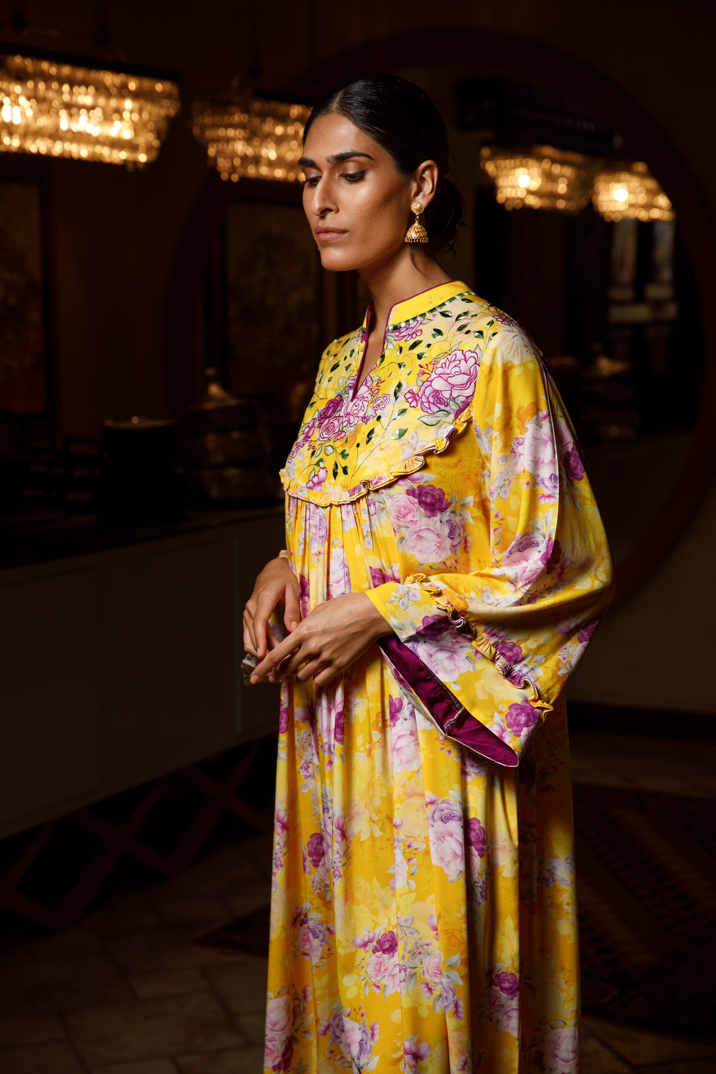 Gathered chest Floral Jalabiya - Anmar Couture