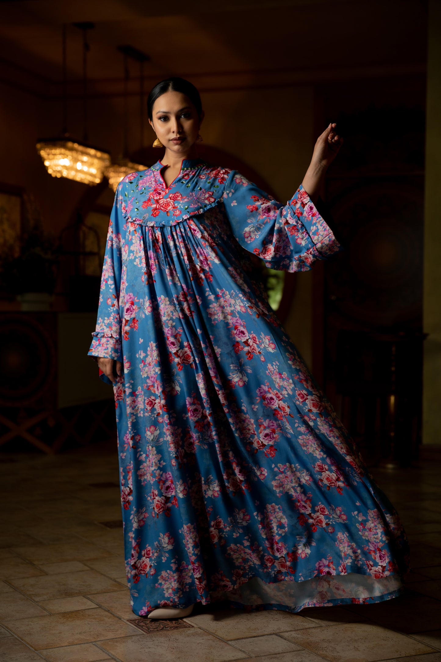 Gathered chest Floral Jalabiya - Anmar Couture