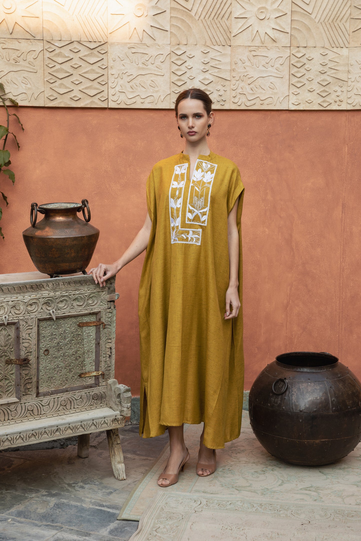 Linen dropped shoulder midi dress - Anmar Couture