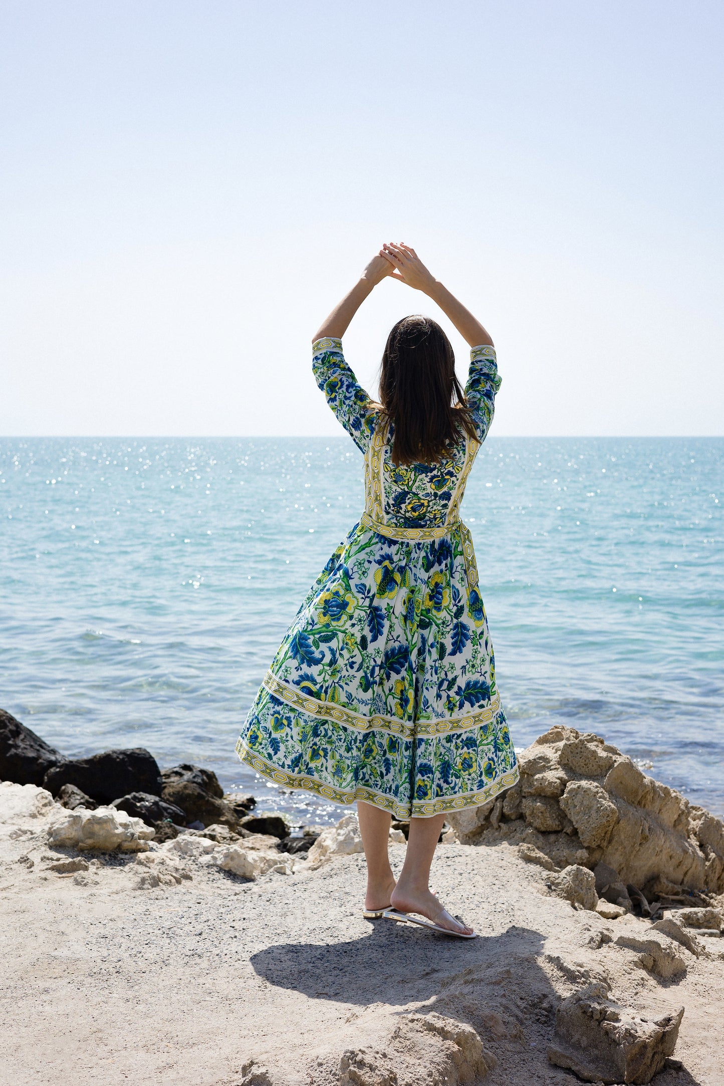 سماويات - Blue and Yellow Floral Printed Linen Midi Dress - Anmar Couture