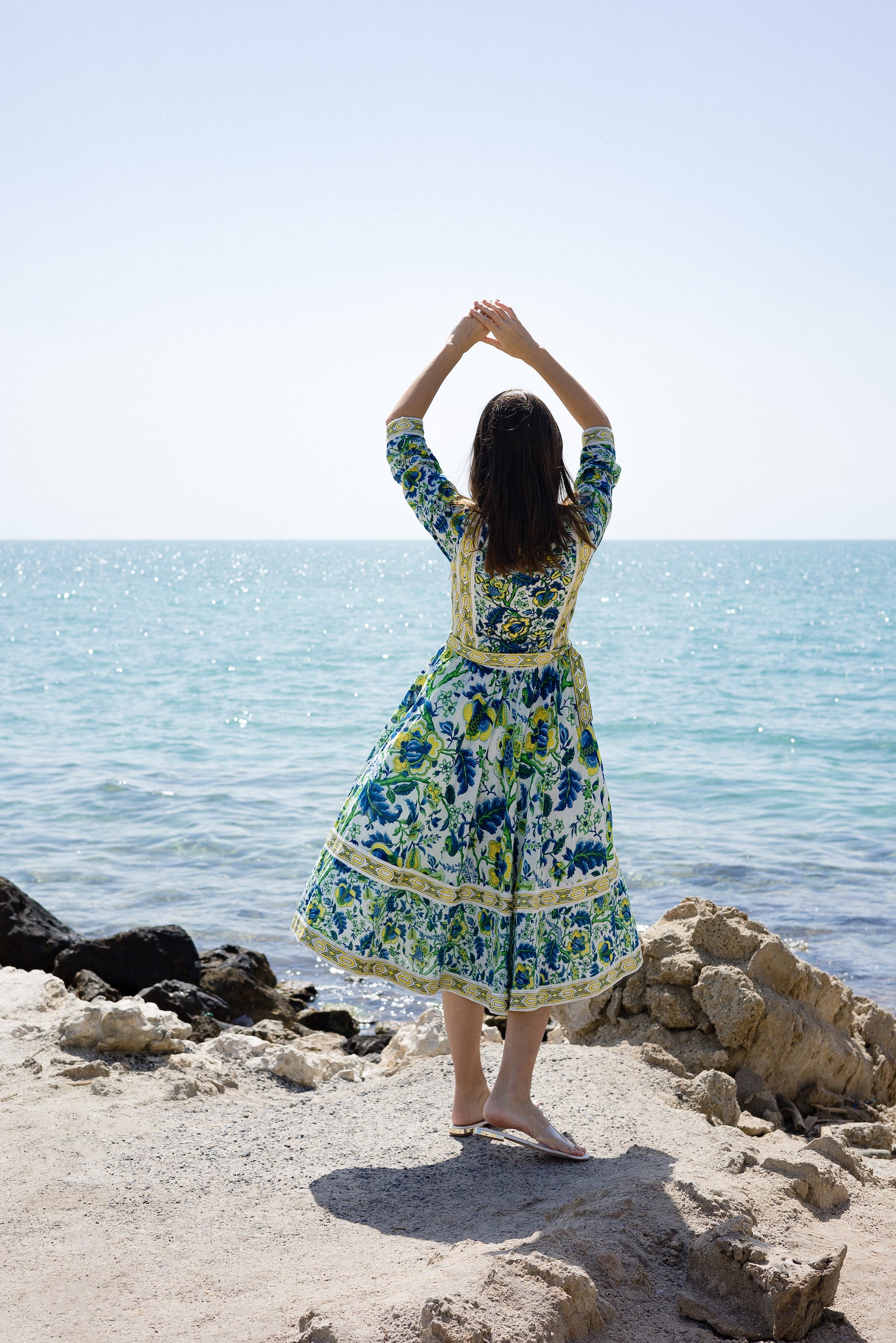 سماويات - Blue and Yellow Floral Printed Linen Midi Dress - Anmar Couture