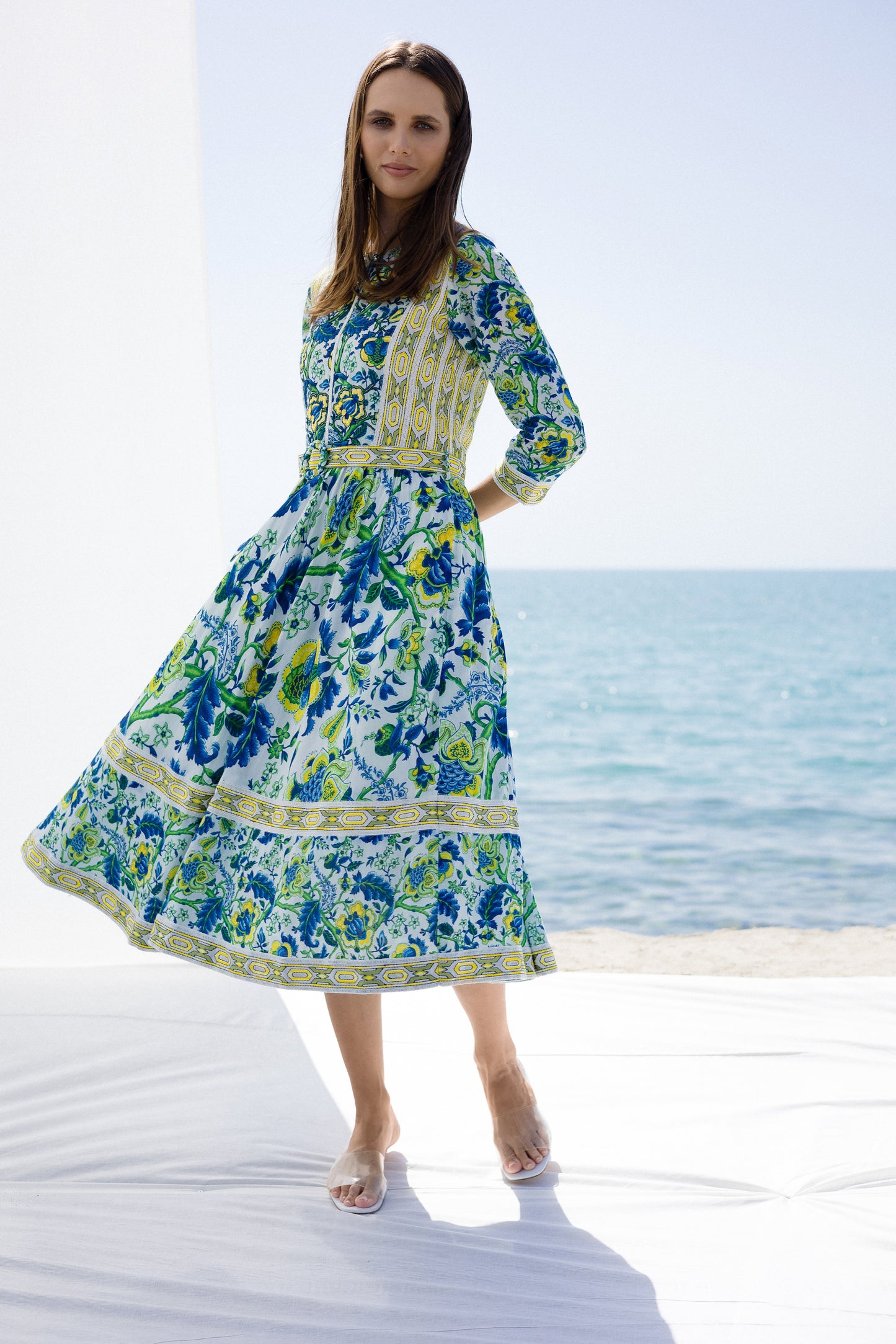 سماويات - Blue and Yellow Floral Printed Linen Midi Dress - Anmar Couture