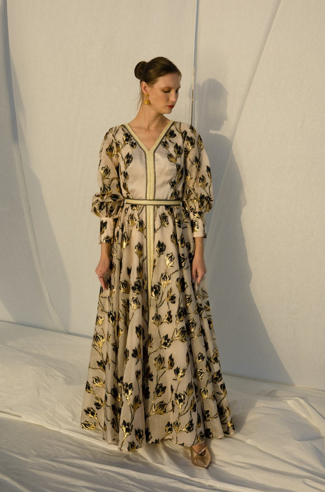 Long Sleeve floral Organza Kaftan With Belt - Anmar Couture