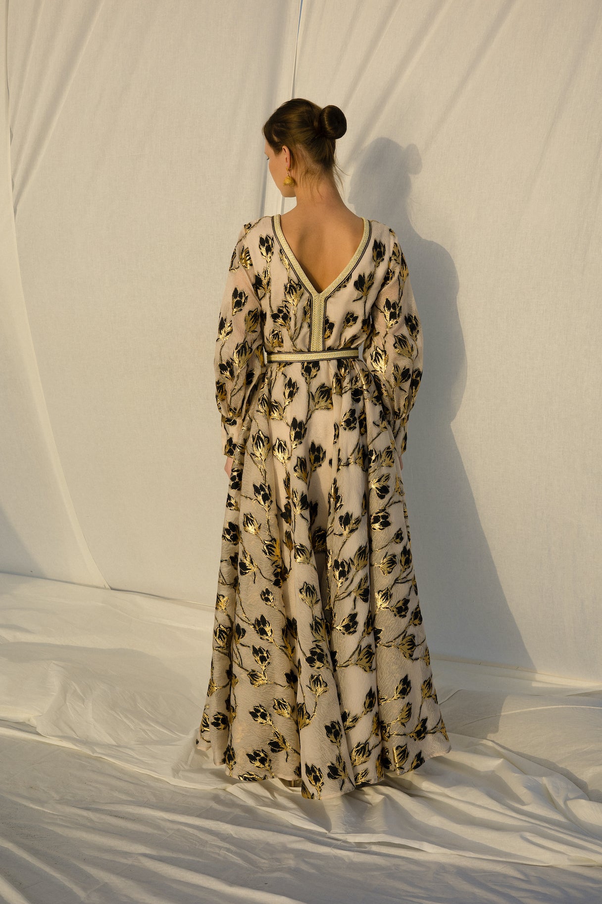Long Sleeve floral Organza Kaftan With Belt - Anmar Couture