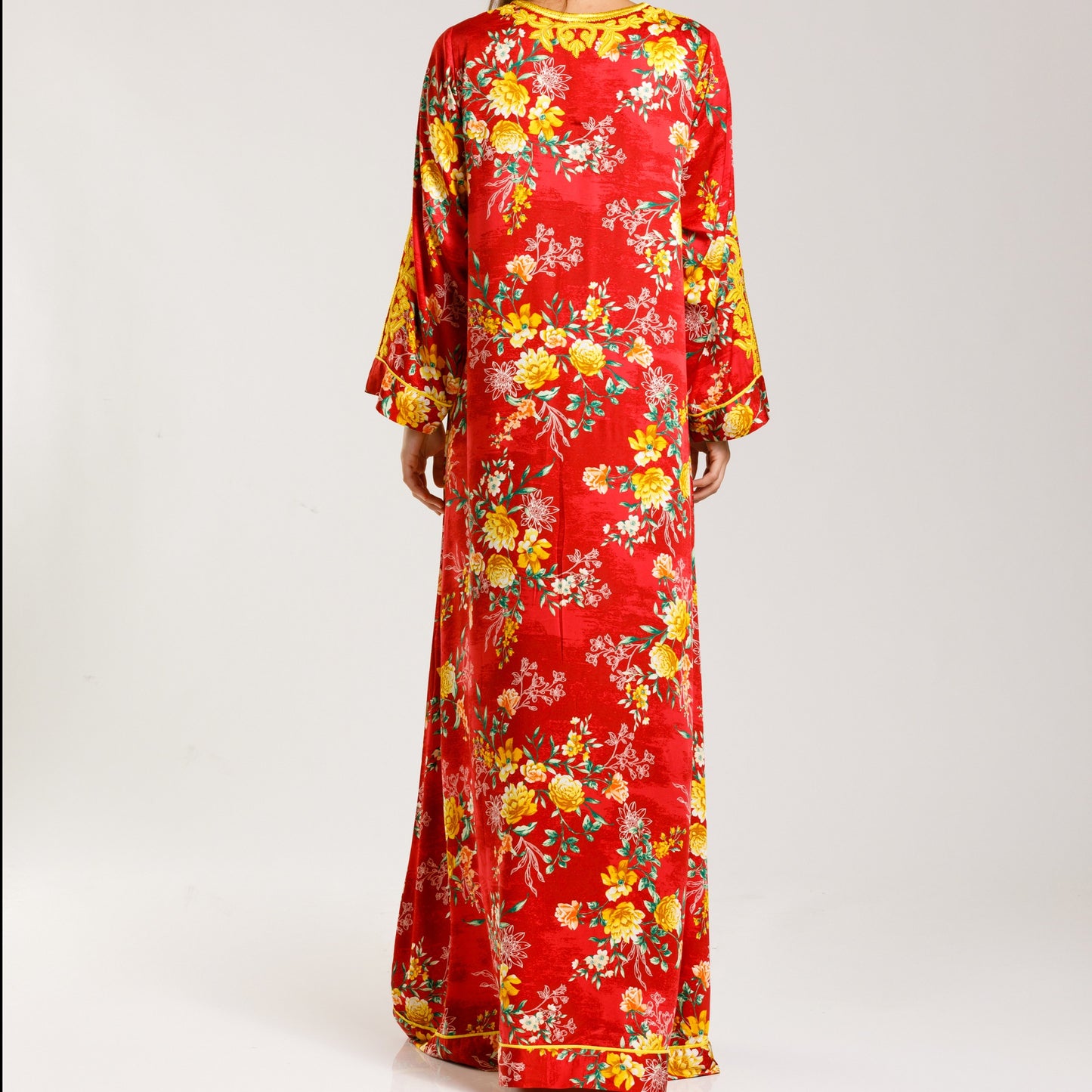 Floral Jalabiya with bright border embroidery neck line - Anmar Couture