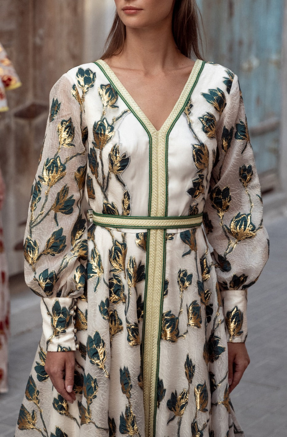 Long Sleeve floral Organza Kaftan With Belt - Anmar Couture