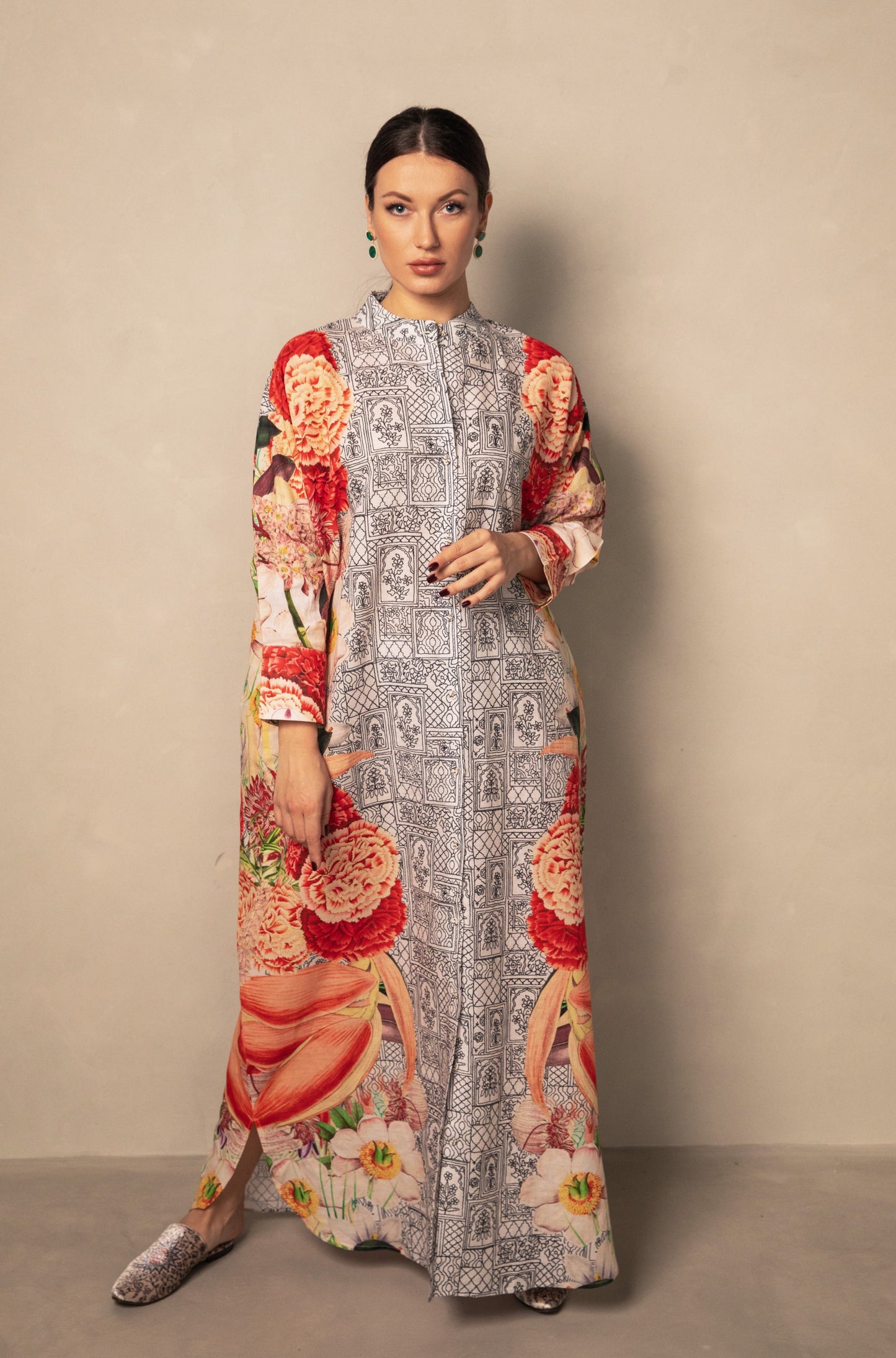 Contrasting Prints Buttoned Shirt Dress