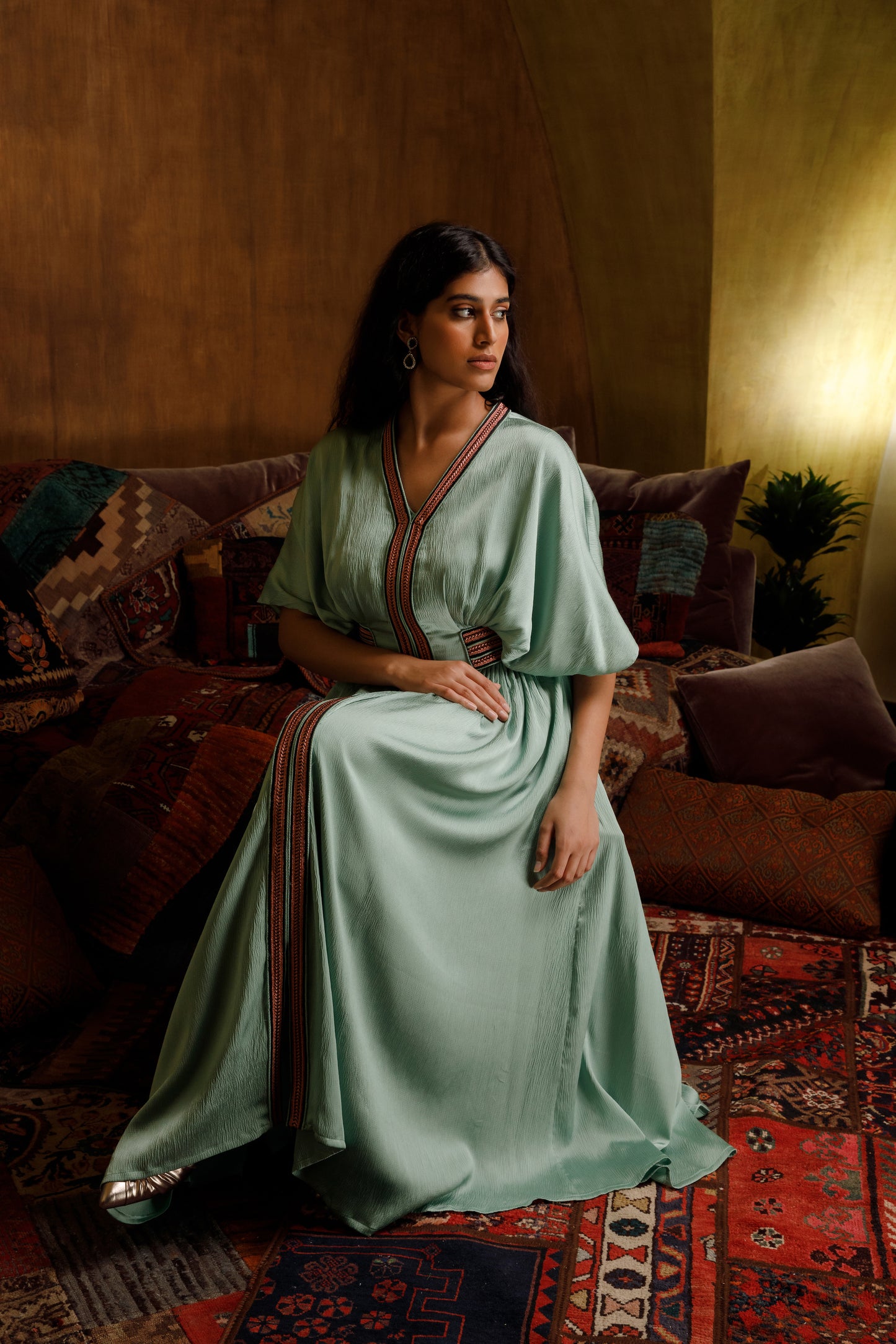 Embroidered Waist Silk Kaftan - Anmar Couture
