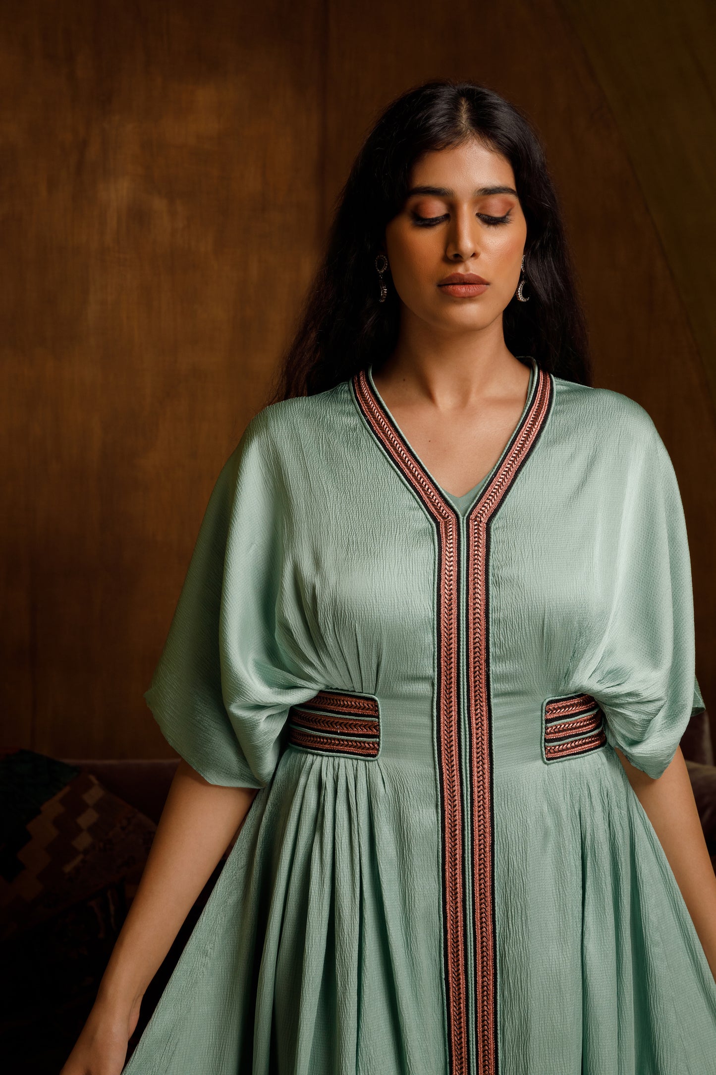 Embroidered Waist Silk Kaftan - Anmar Couture