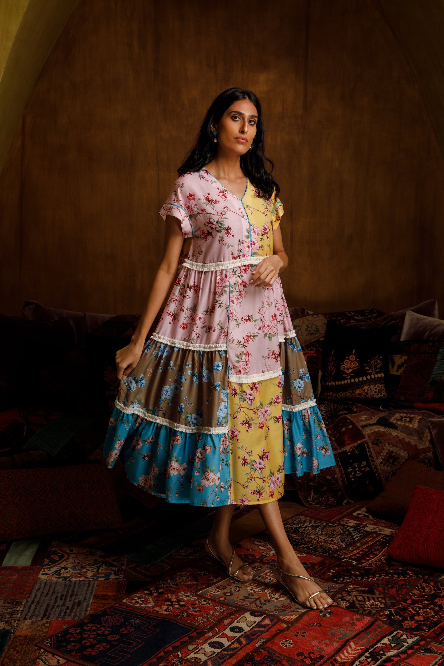 Floral Patchwork Midi Dress - Anmar Couture