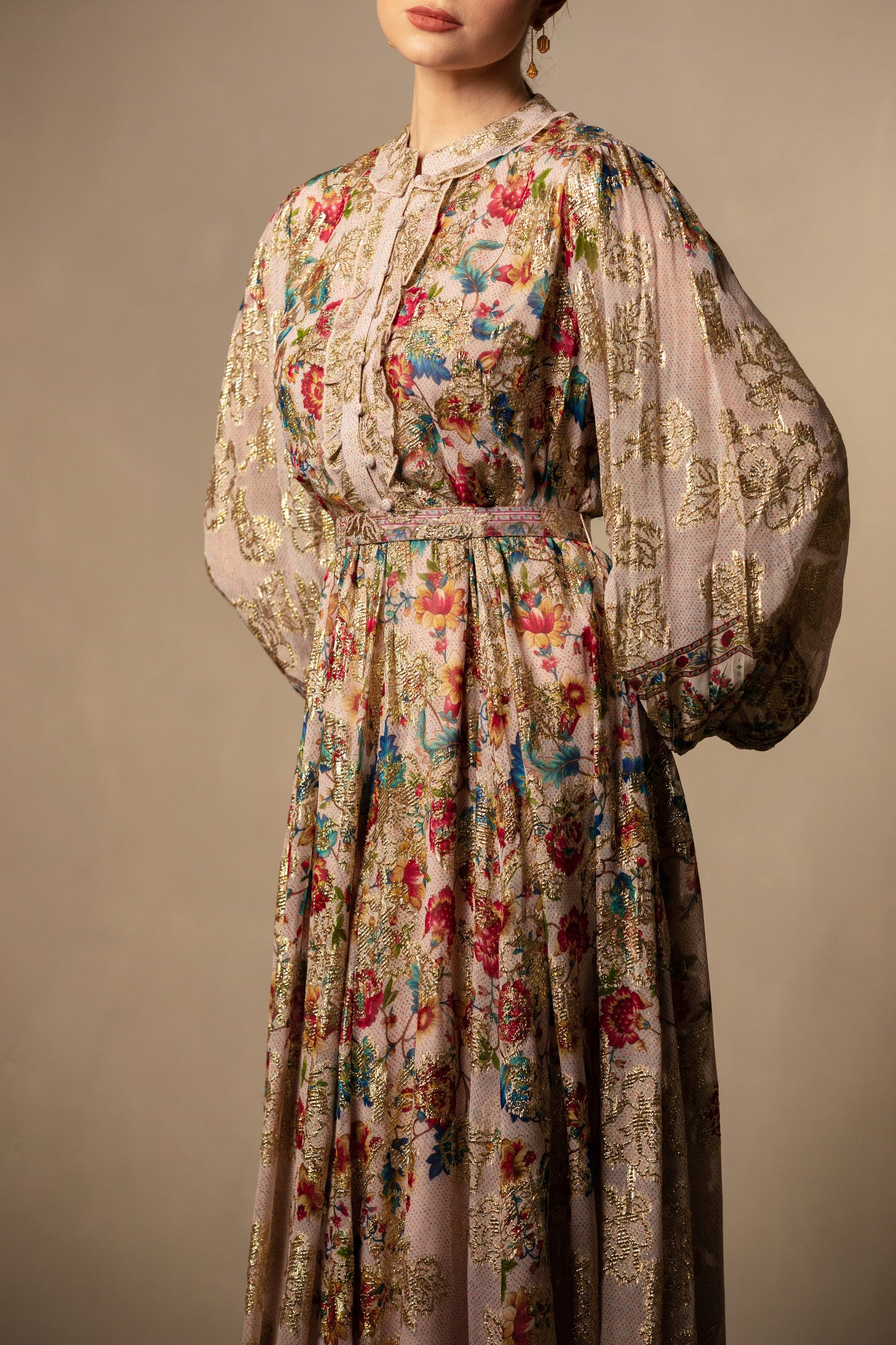 Belted Floral Lurex Kaftan