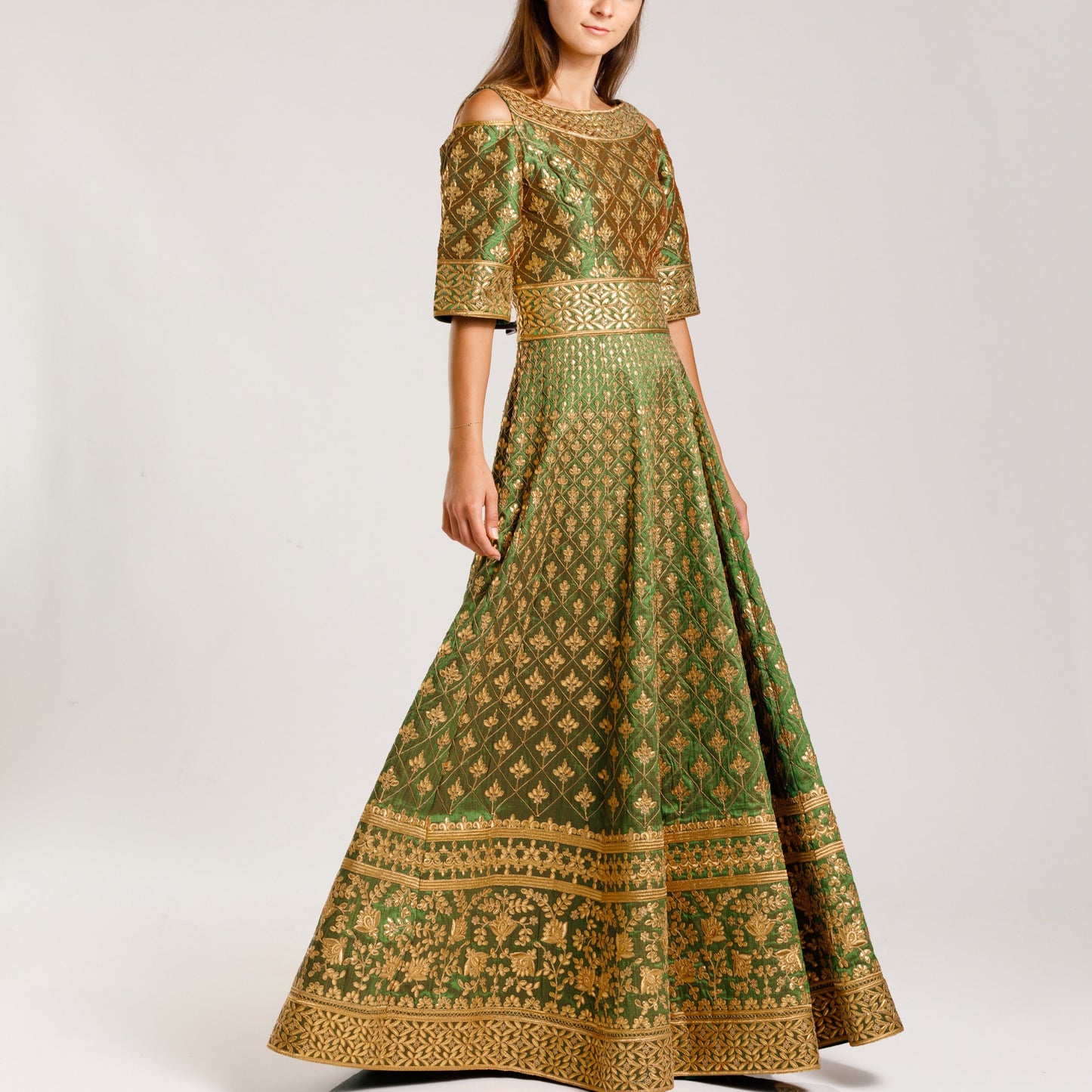 Off Shoulder Green Henna kaftan - Anmar Couture
