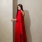 bridal evening cape dress, open back, vibrant red, loose cut