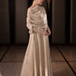 single long sleeve off shoulder dress in metallic chiffon