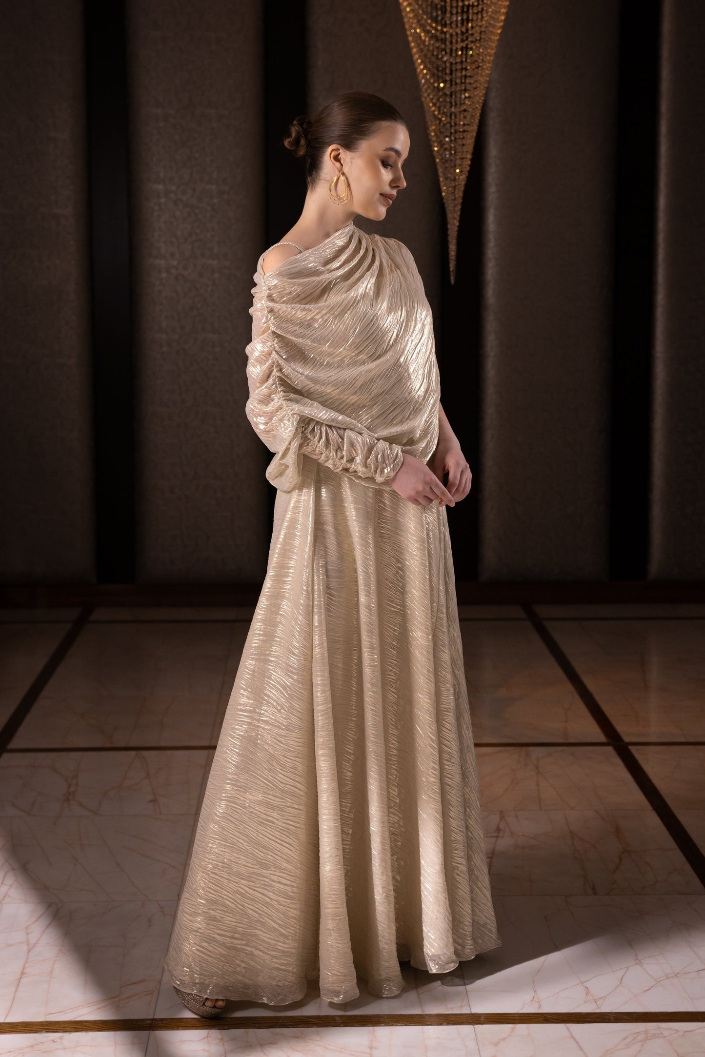 single long sleeve off shoulder dress in metallic chiffon