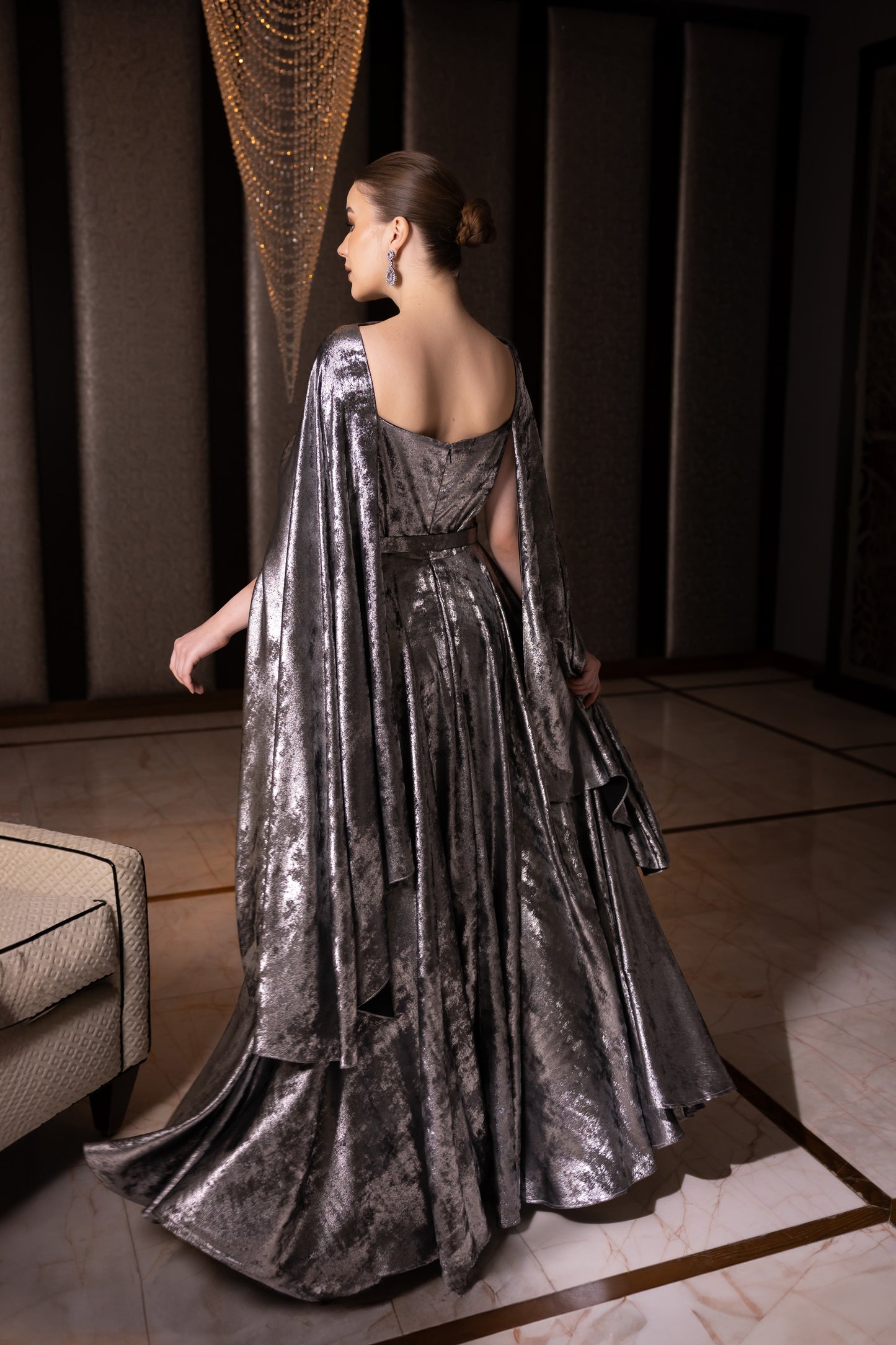 Silver Embellished Cape Gown